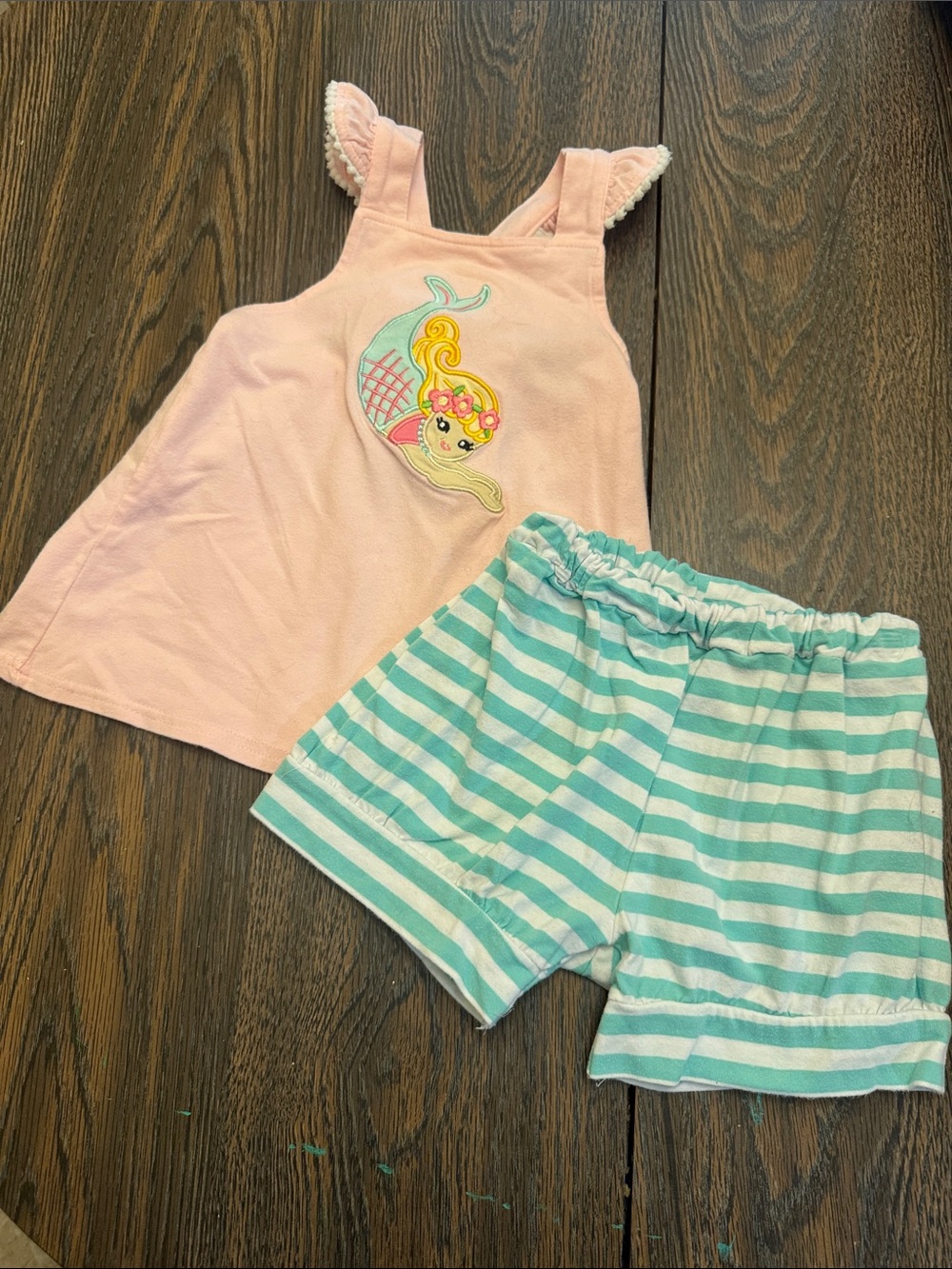 Classic Whimsy Pink Mermaid Tank & Mint Stripe Shorts Kids Set